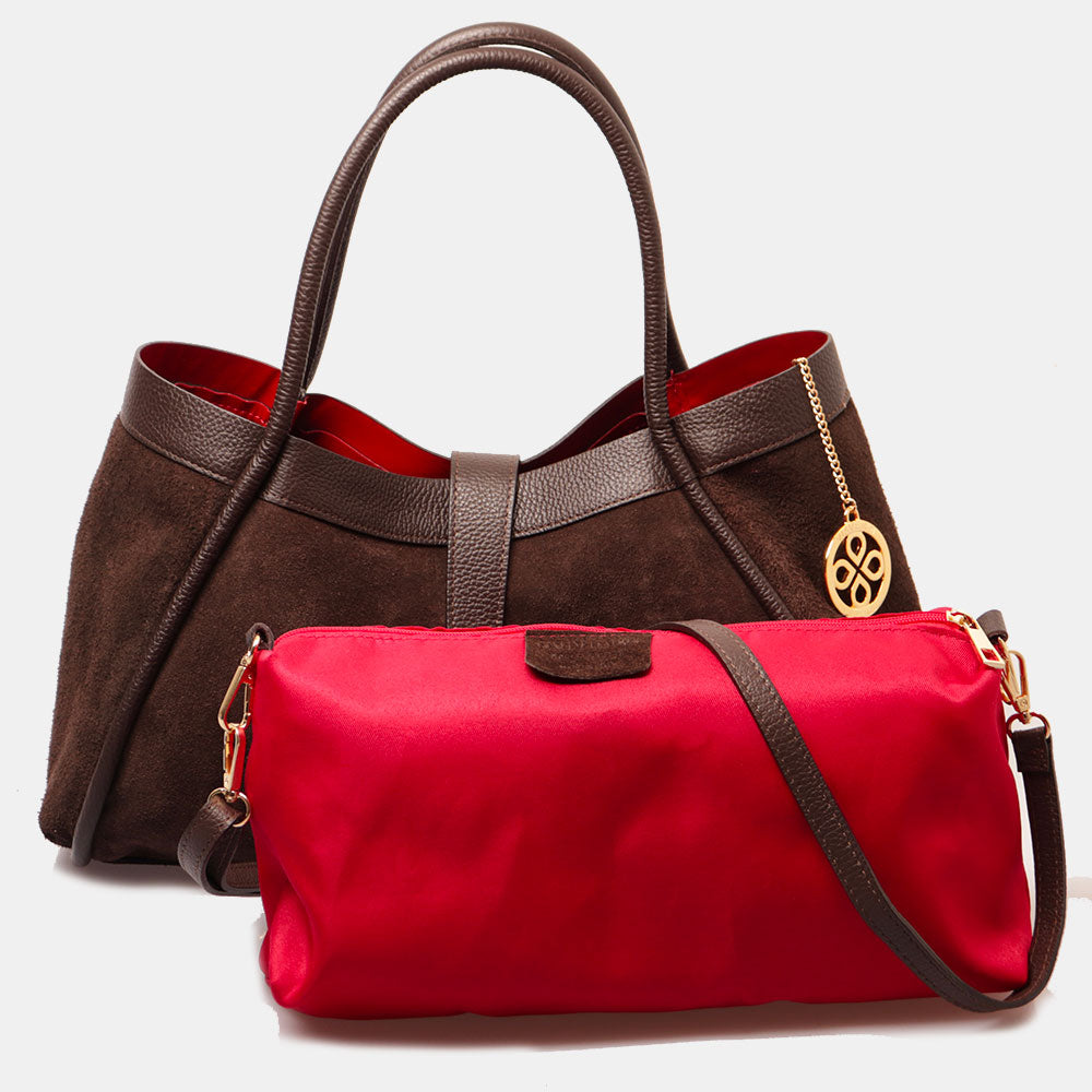 VIAVERDI Women's Shoulder Bag in Dark Brown Suede and Leather, Made in Italy, Cortona Line