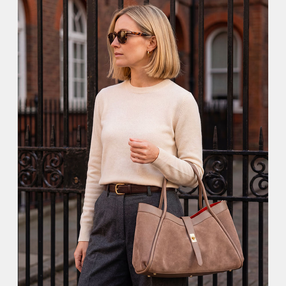 Borsa Donna a Spalla VIAVERDI in Camoscio e Pelle Taupe Made in Italy linea Cortona