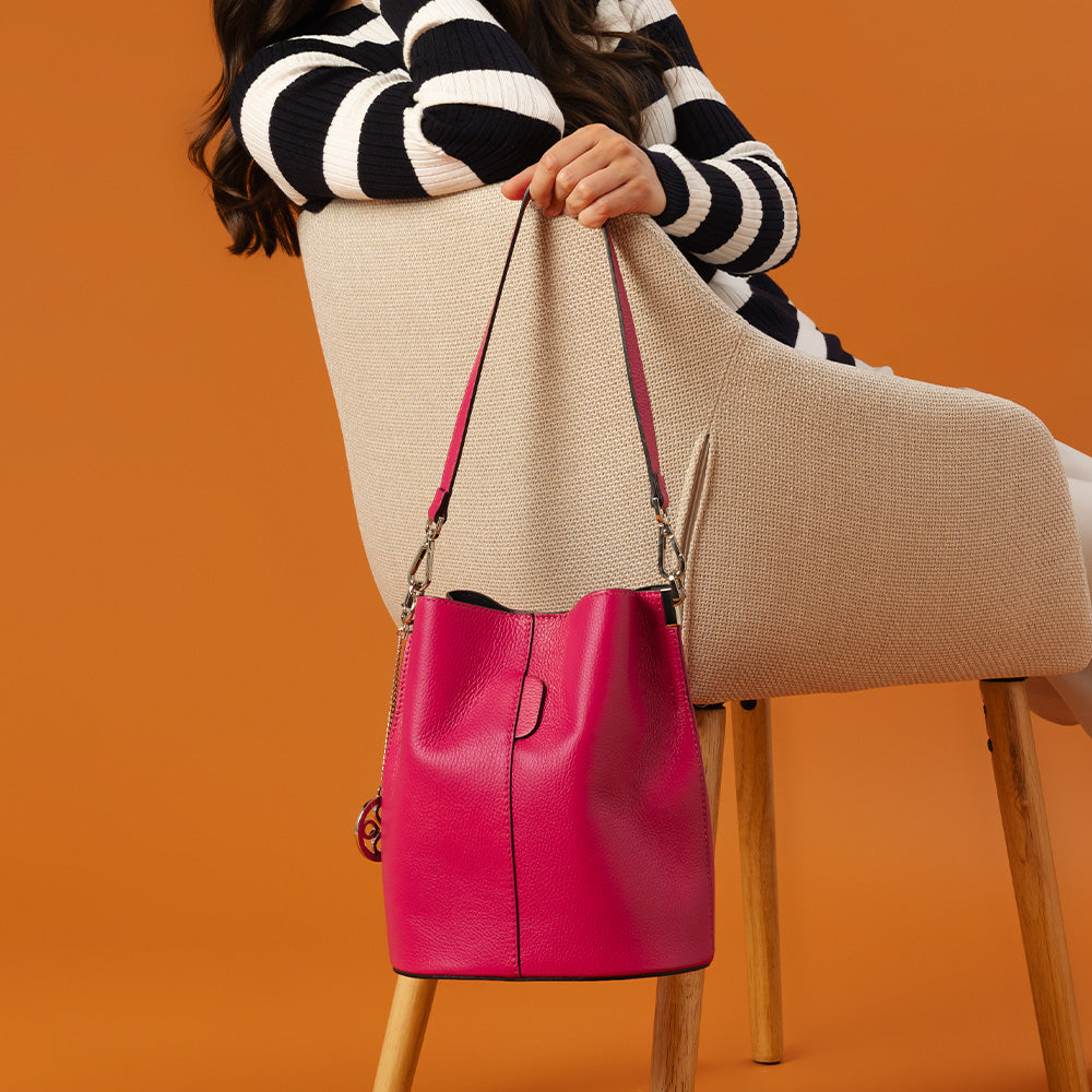 Borsa Secchiello con Tracolla VIAVERDI in Pelle Fucsia Made in Italy linea Capalbio