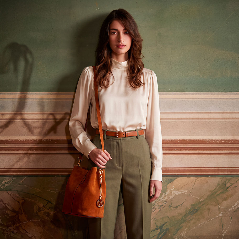 VIAVERDI Bucket Bag with Shoulder Strap in Brown Suede Made in Italy, Capalbio Line