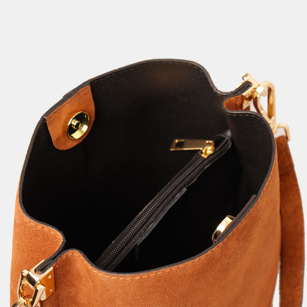 Borsa Secchiello con Tracolla VIAVERDI in Camoscio color Cuoio Made in Italy linea Capalbio