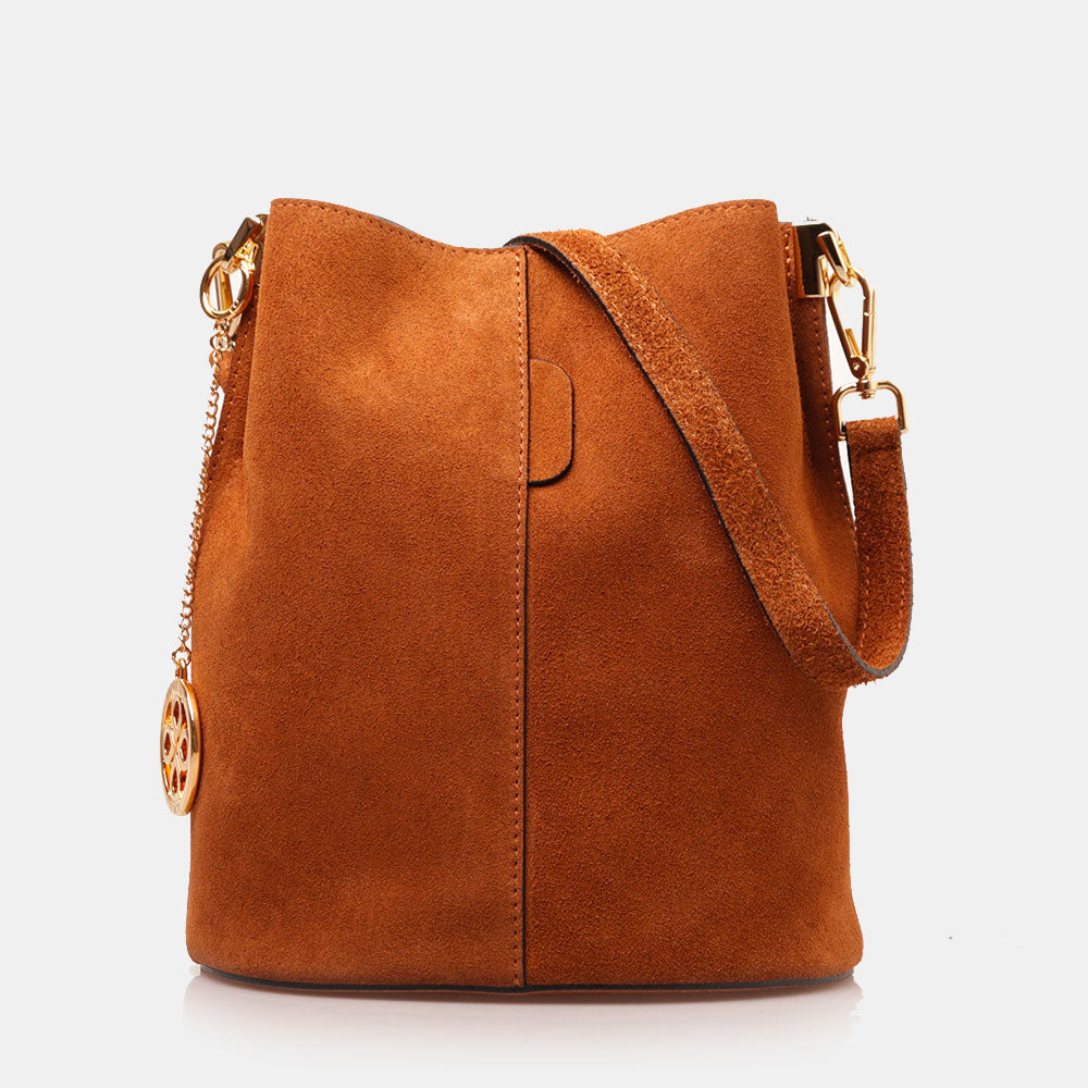 Borsa Secchiello con Tracolla VIAVERDI in Camoscio color Cuoio Made in Italy linea Capalbio