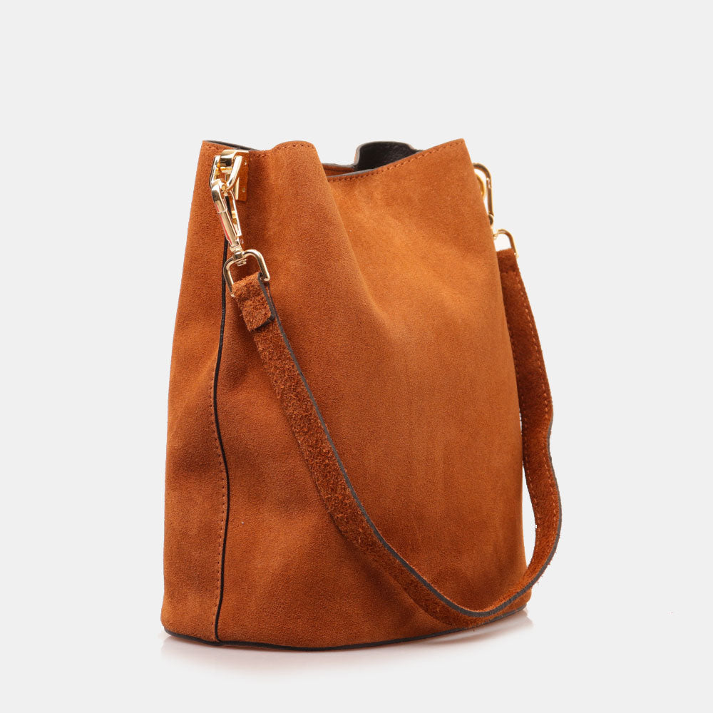 Borsa Secchiello con Tracolla VIAVERDI in Camoscio color Cuoio Made in Italy linea Capalbio