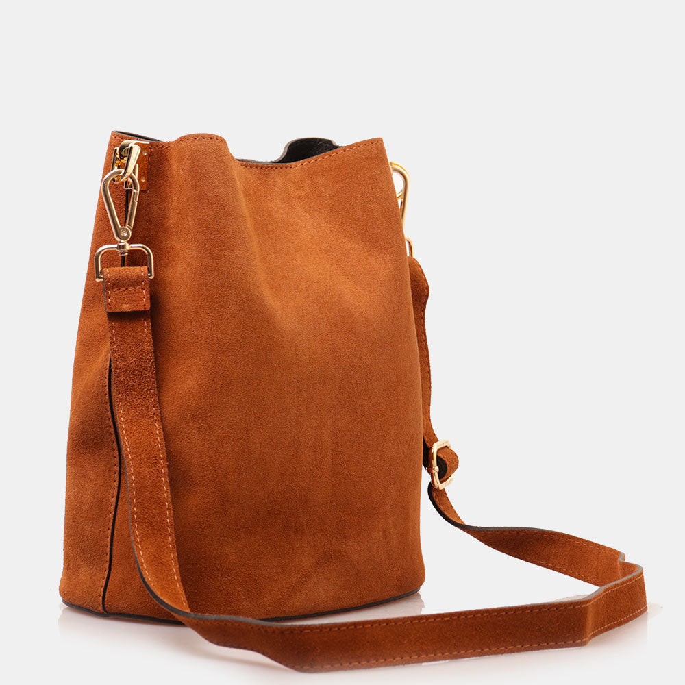 Borsa Secchiello con Tracolla VIAVERDI in Camoscio color Cuoio Made in Italy linea Capalbio