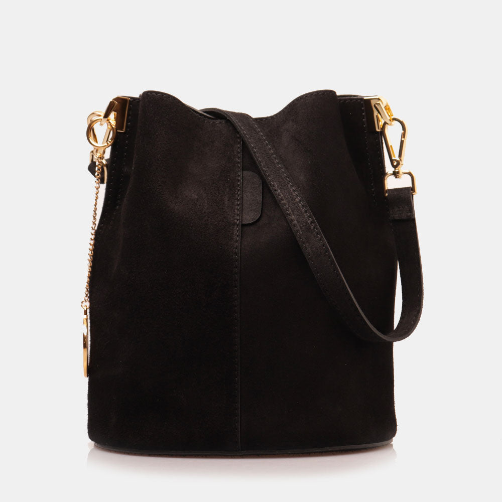 Borsa Secchiello con Tracolla VIAVERDI in Camoscio Nero Made in Italy linea Capalbio