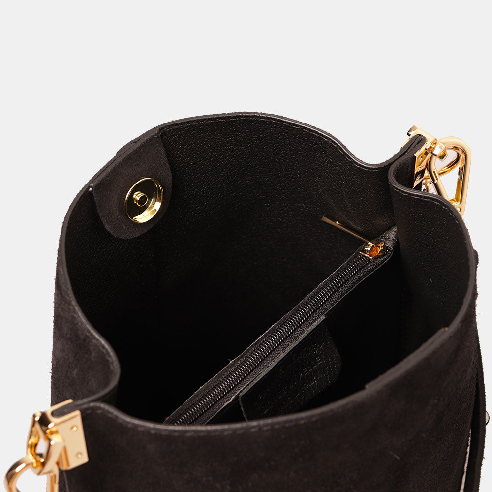 Borsa Secchiello con Tracolla VIAVERDI in Camoscio Nero Made in Italy linea Capalbio