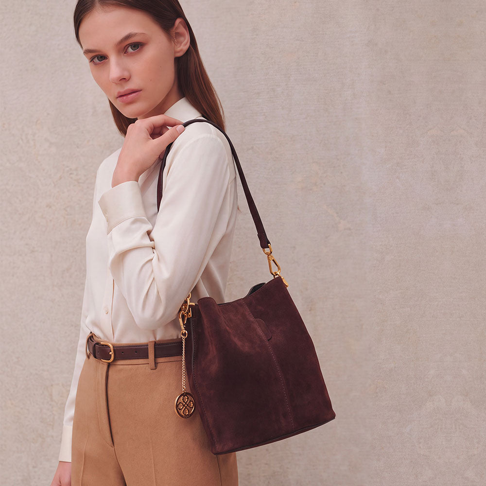 VIAVERDI Bucket Bag with Shoulder Strap in Dark Brown Suede Made in Italy, Capalbio Line