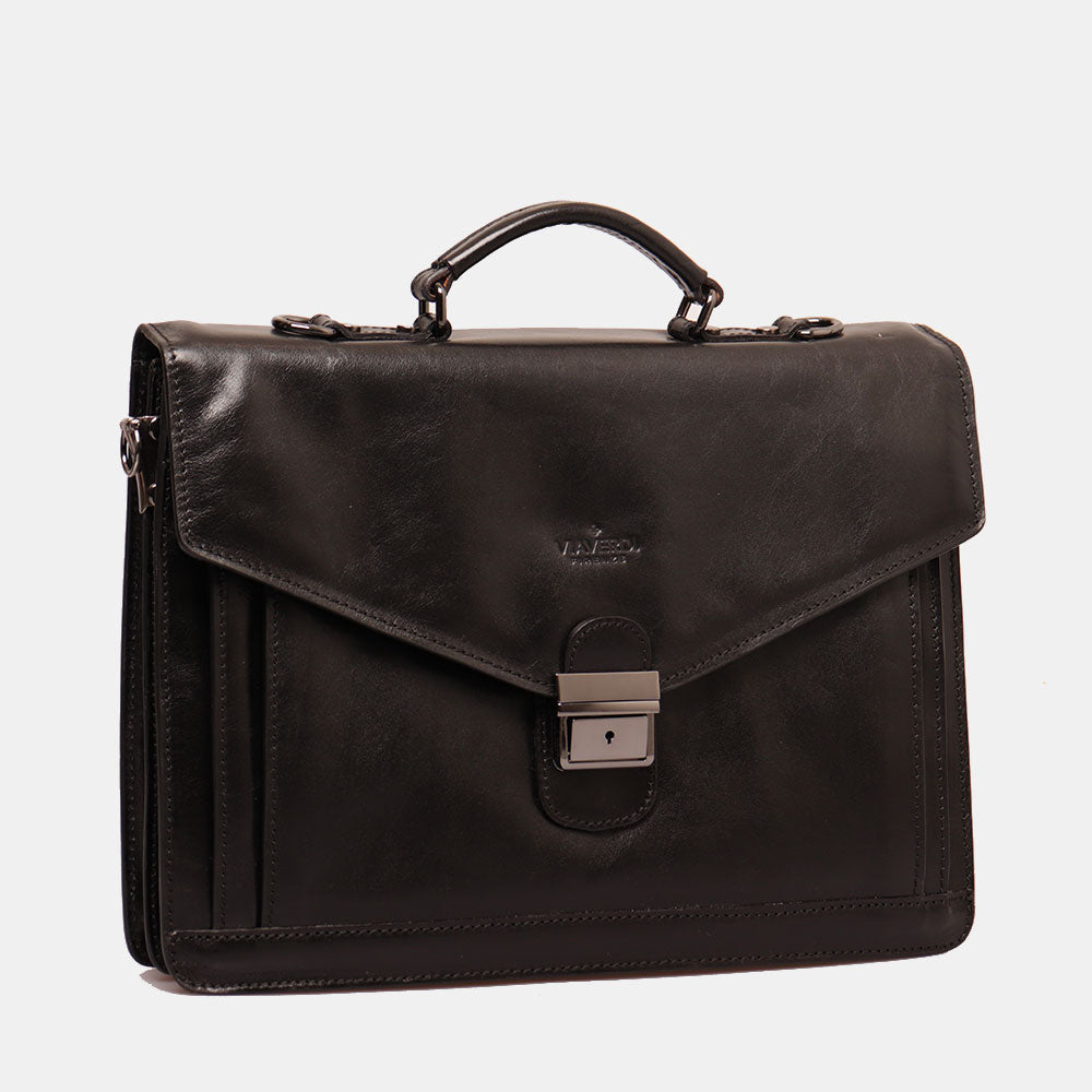 VIAVERDI Schwarze Aktentasche aus Leder, Made in Italy, Linie Florence, mit 3 Seitenfalten, PC 15.6