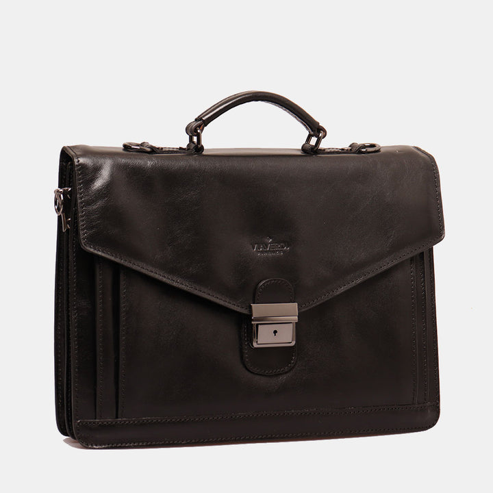 VIAVERDI Schwarze Aktentasche aus Leder, Made in Italy, Linie Florence, mit 3 Seitenfalten, PC 15.6