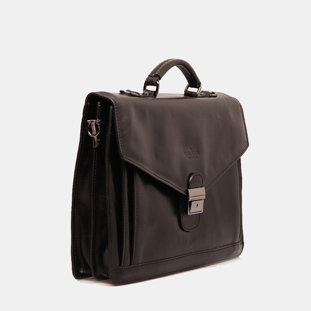 VIAVERDI Schwarze Aktentasche aus Leder, Made in Italy, Linie Florence, mit 3 Seitenfalten, PC 15.6