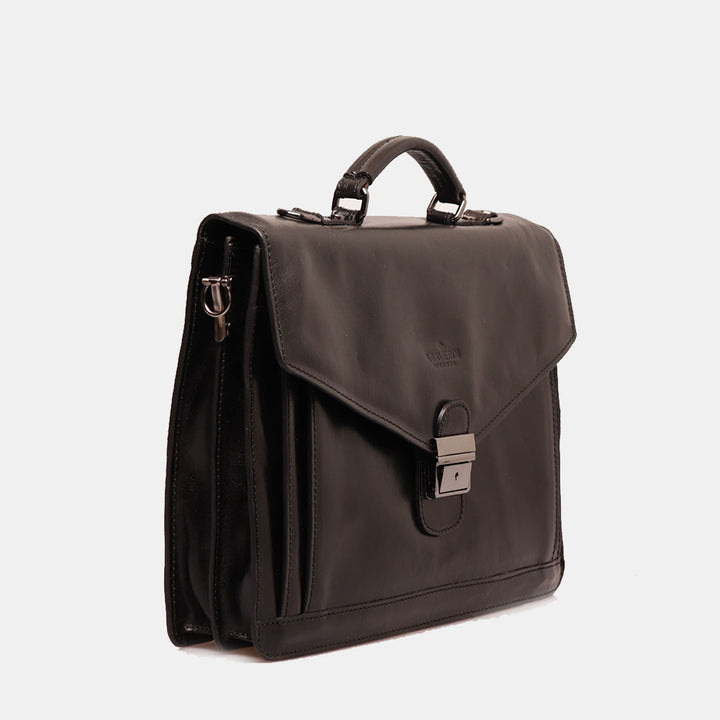 VIAVERDI Schwarze Aktentasche aus Leder, Made in Italy, Linie Florence, mit 3 Seitenfalten, PC 15.6