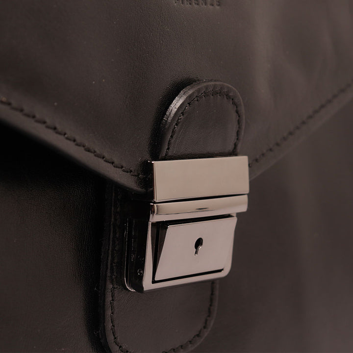 VIAVERDI Schwarze Aktentasche aus Leder, Made in Italy, Linie Florence, mit 3 Seitenfalten, PC 15.6