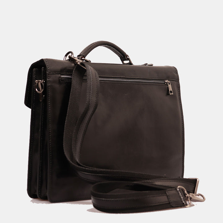 VIAVERDI Schwarze Aktentasche aus Leder, Made in Italy, Linie Florence, mit 3 Seitenfalten, PC 15.6