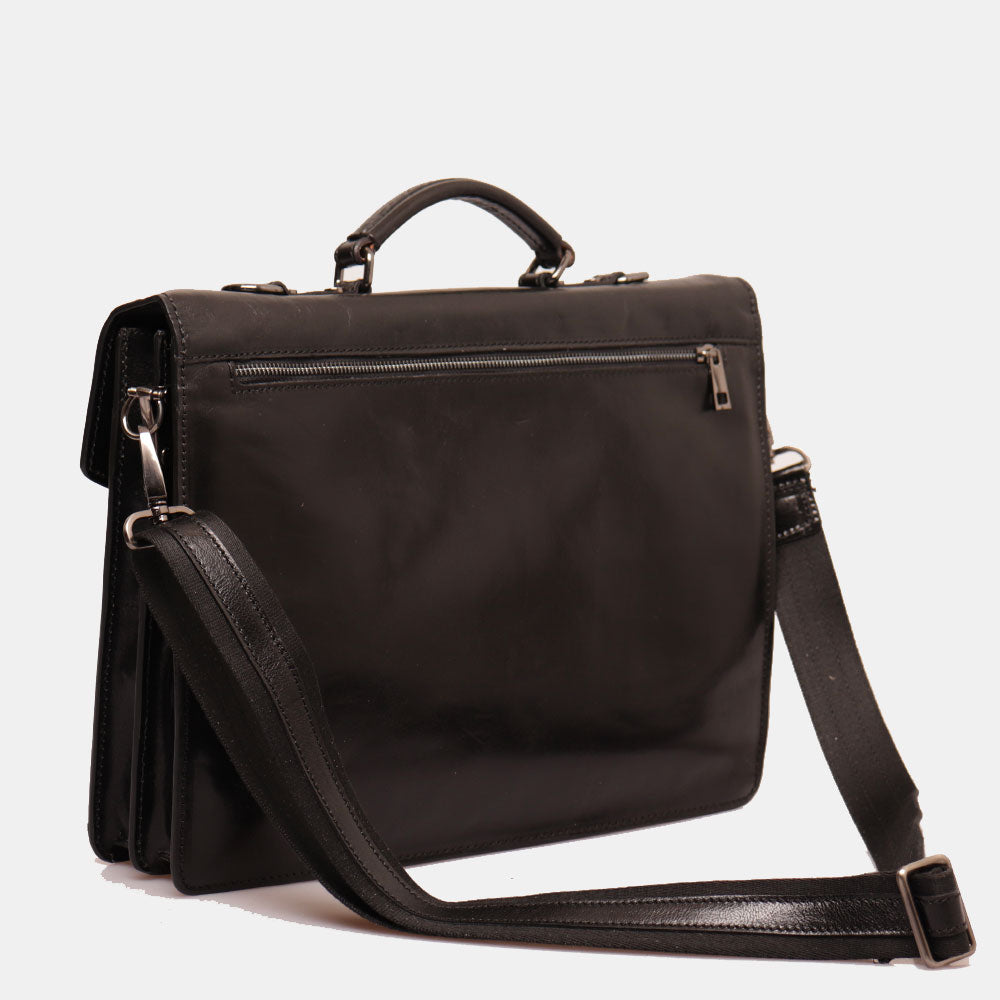 VIAVERDI Schwarze Aktentasche aus Leder, Made in Italy, Linie Florence, mit 3 Seitenfalten, PC 15.6