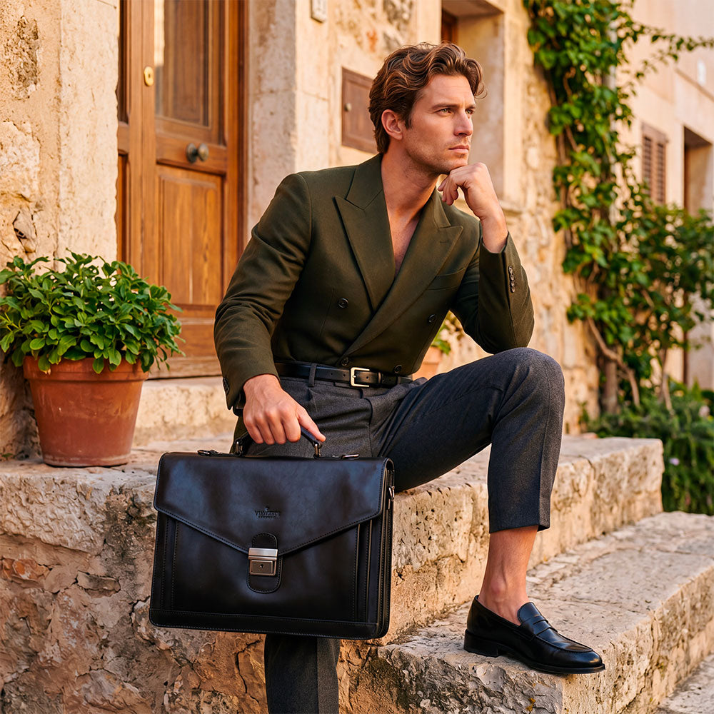 Cartella in Pelle Nera VIAVERDI Made in Italy Linea Firenze a 3 Soffietti Pc 15.6