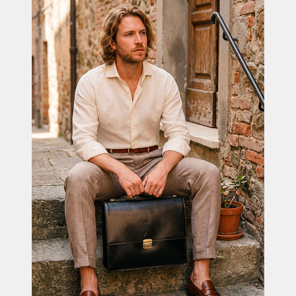 Cartella in Pelle Nera VIAVERDI Made in Italy - 2 Soffietti porta Pc 15.6