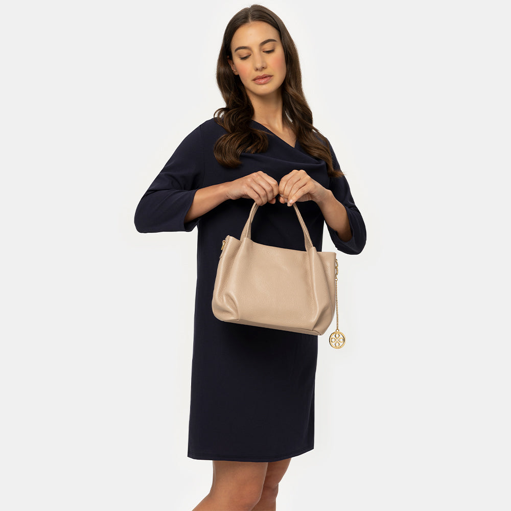 Borsa a Mano con Tracolla VIAVERDI in Pelle Taupe Made in Italy linea Castiglione