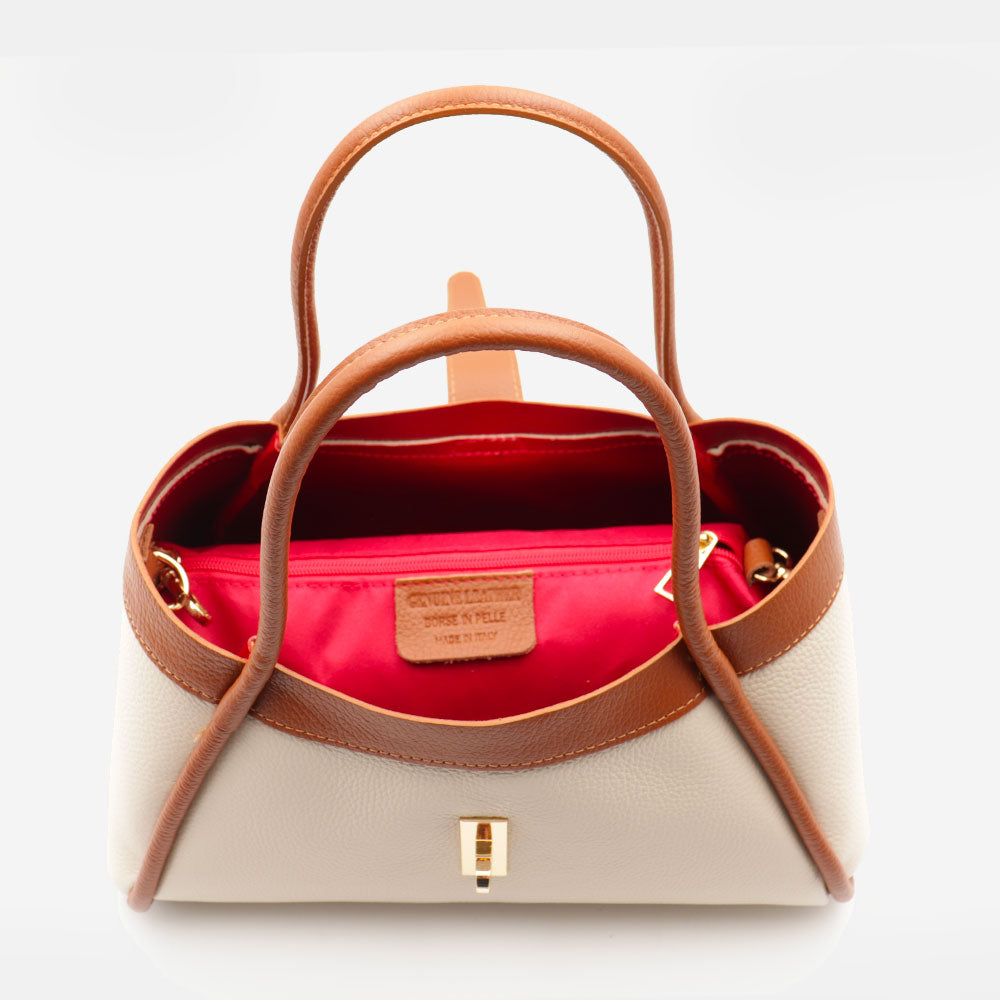 Borsa Donna a Mano VIAVERDI in Pelle Beige e Cuoio Made in Italy linea Cortona