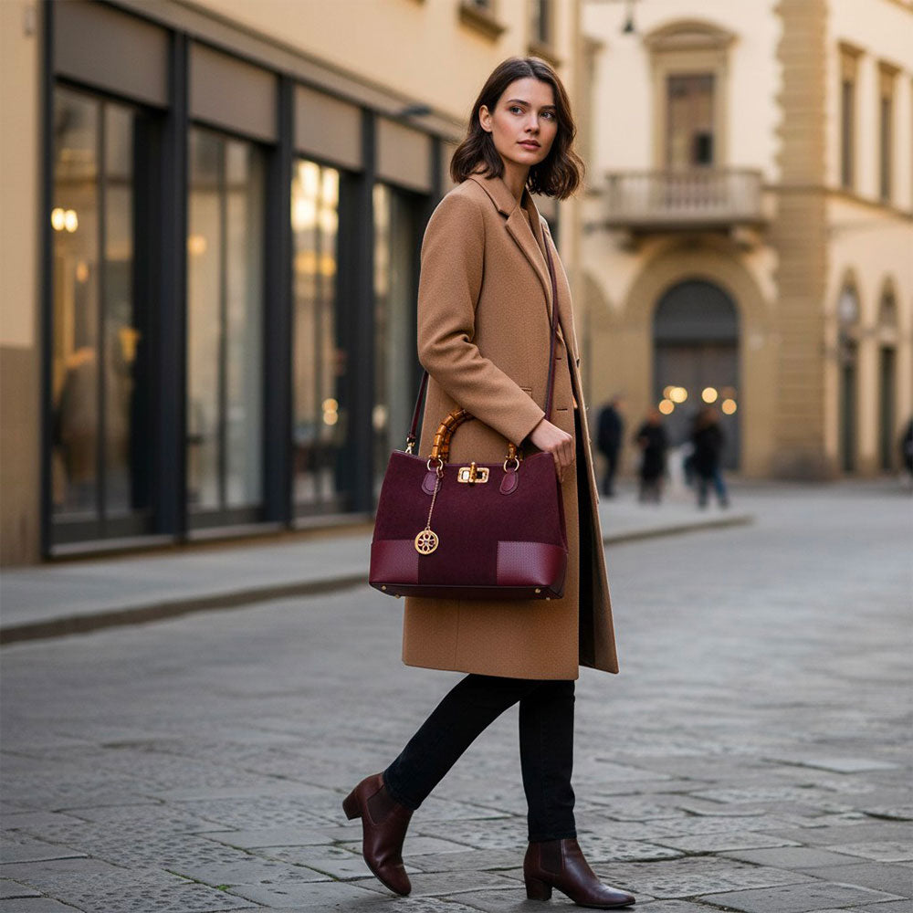 Borsa Grande a Mano VIAVERDI in Camoscio e Pelle Bordeaux Made in Italy linea Volterra
