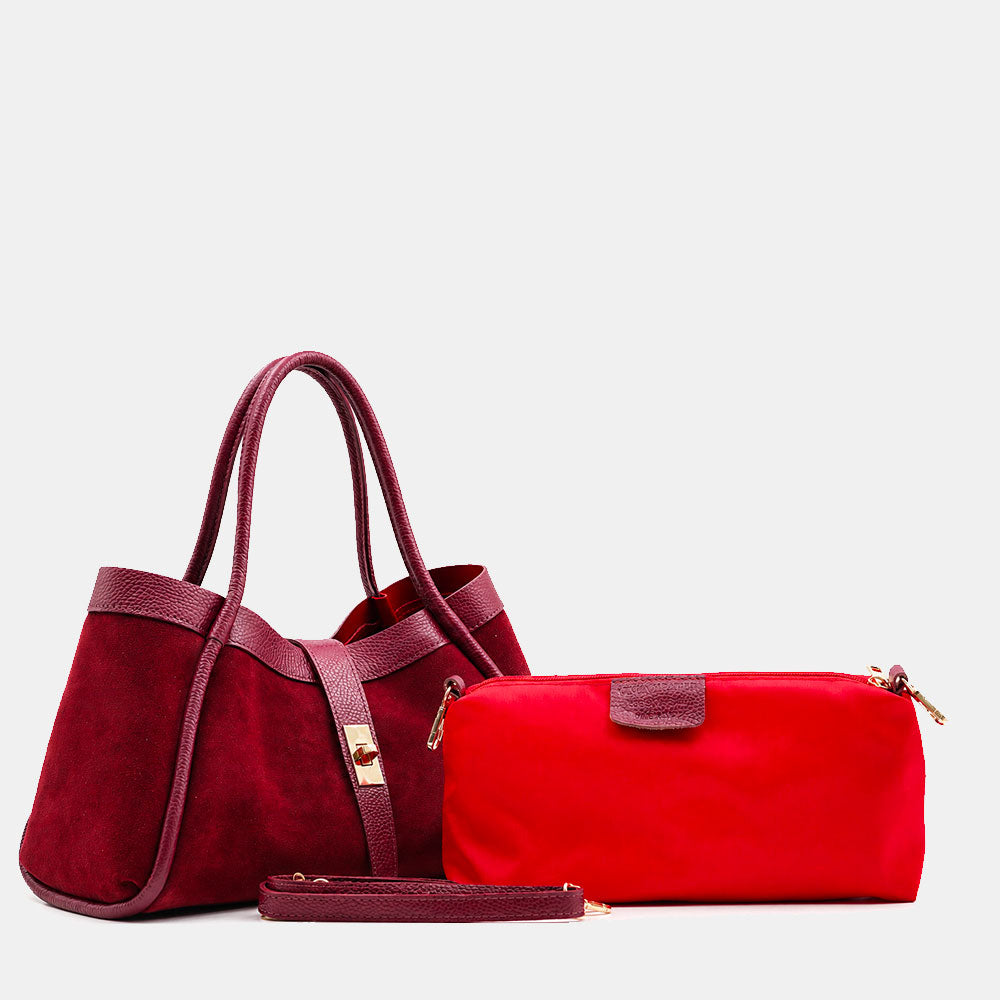 Handbag ViaVerdi in Suede and Burgundy Leather Made in Italy – Line Cortona