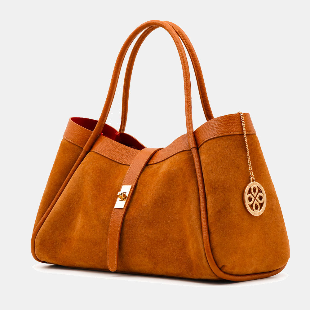 Borsa Donna a Spalla VIAVERDI in Camoscio e Pelle Marrone Made in Italy linea Cortona