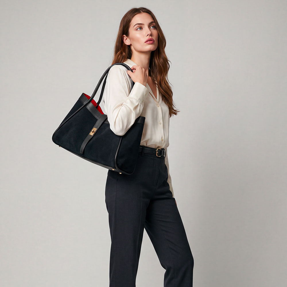 VIAVERDI Women's Shoulder Bag in Black Suede and Leather Made in Italy, Cortona Line