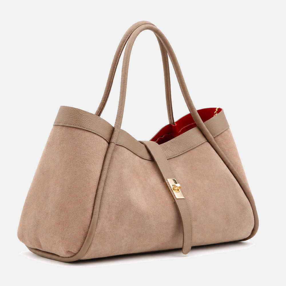 Borsa Donna a Spalla VIAVERDI in Camoscio e Pelle Taupe Made in Italy linea Cortona