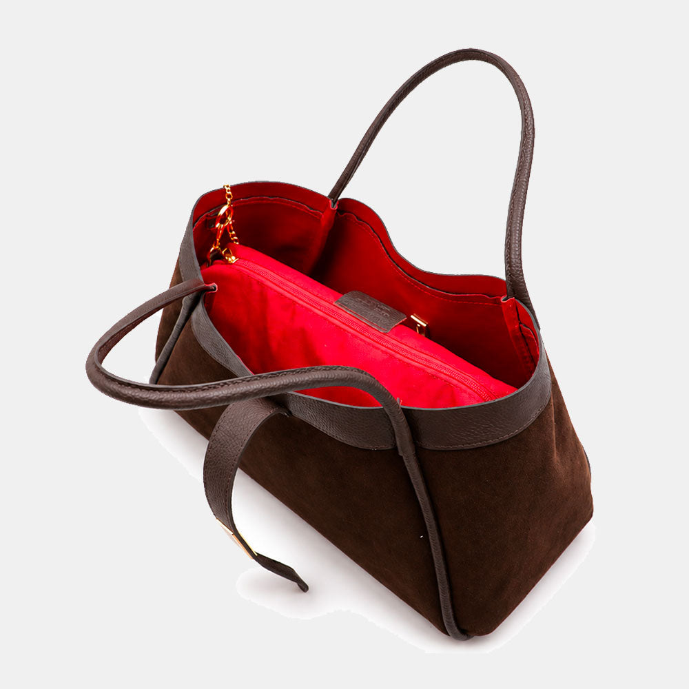 Borsa Donna a Spalla VIAVERDI in Camoscio e Pelle Testa di Moro Made in Italy linea Cortona