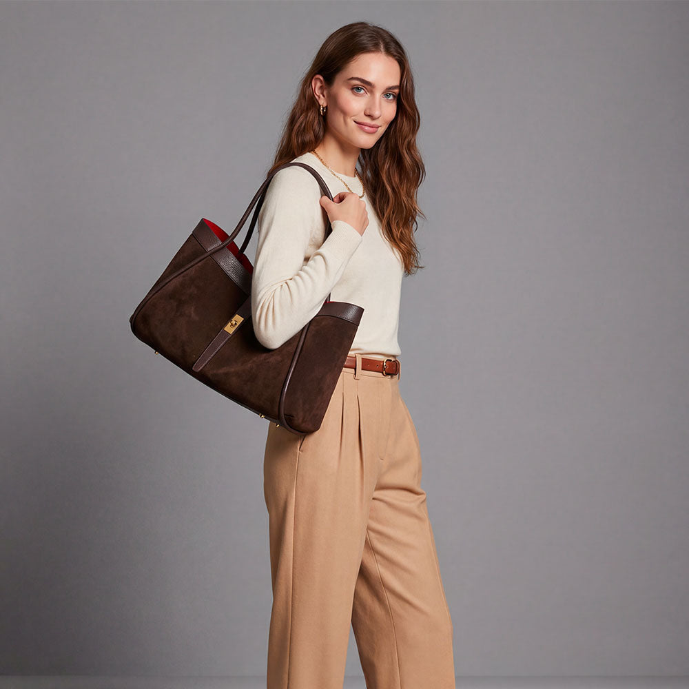 VIAVERDI Women's Shoulder Bag in Dark Brown Suede and Leather, Made in Italy, Cortona Line