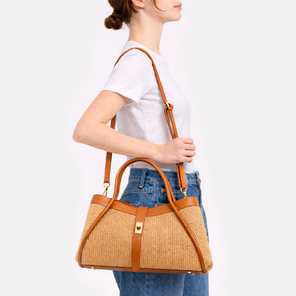 VIAVERDI Damen-Schultertasche aus Bast und braunem Leder, hergestellt in Italien, Cortona-Linie