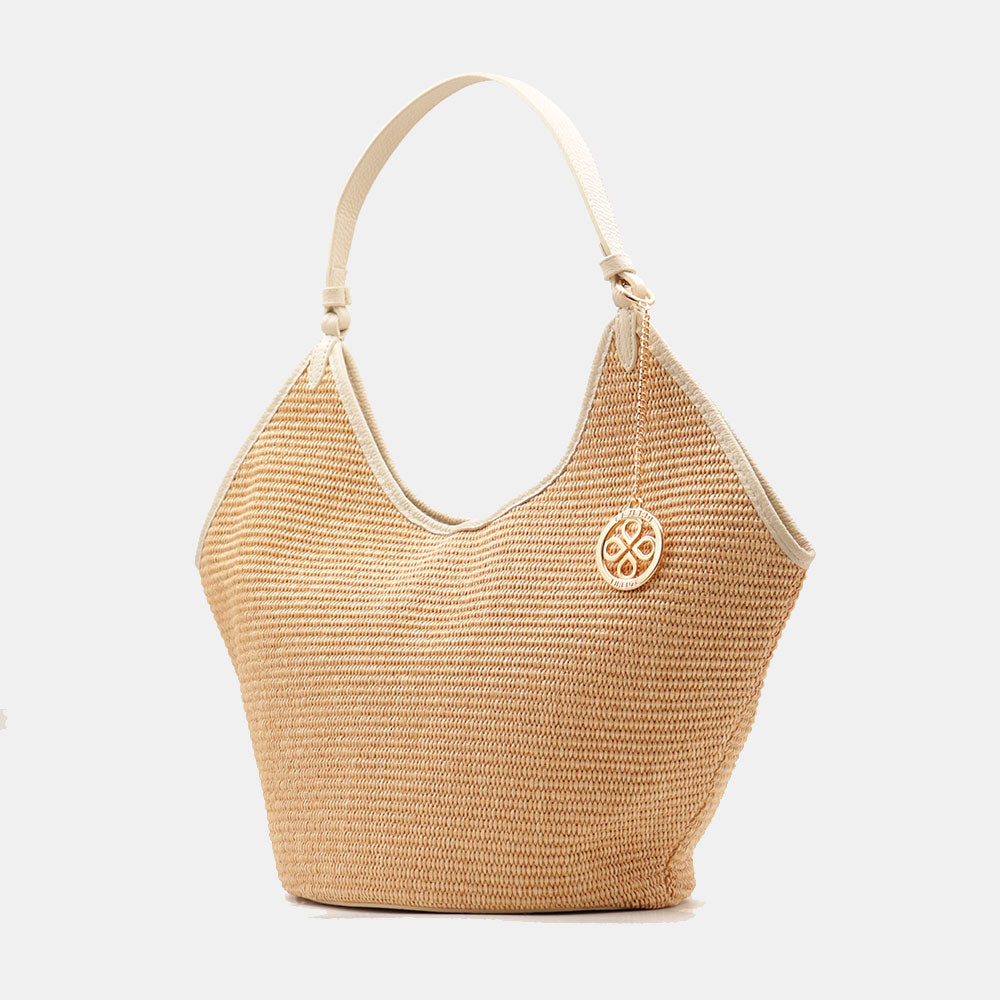 Borsa Donna a Spalla Grande VIAVERDI in Rafia e Pelle Avorio Made in Italy linea Cortona