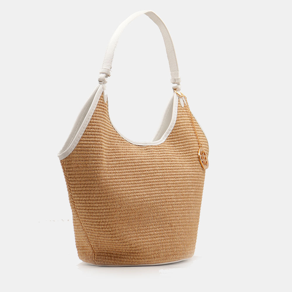 Borsa Donna a Spalla Grande VIAVERDI in Rafia e Pelle Bianca Made in Italy linea Cortona