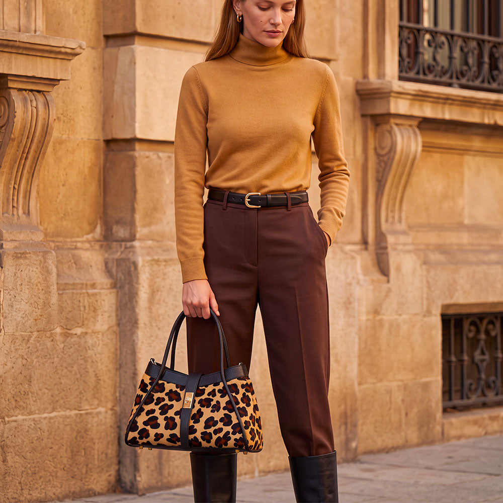Handtasche ViaVerdi aus Kalbsleder und Leoparden-Ponyfell Made in Italy – Linie Cortona