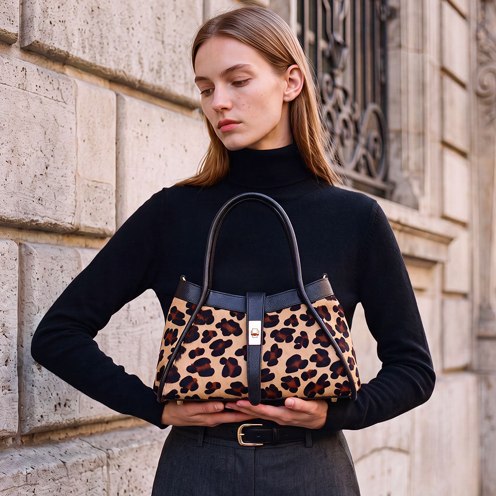 Handtasche ViaVerdi aus Kalbsleder und Leoparden-Ponyfell Made in Italy – Linie Cortona