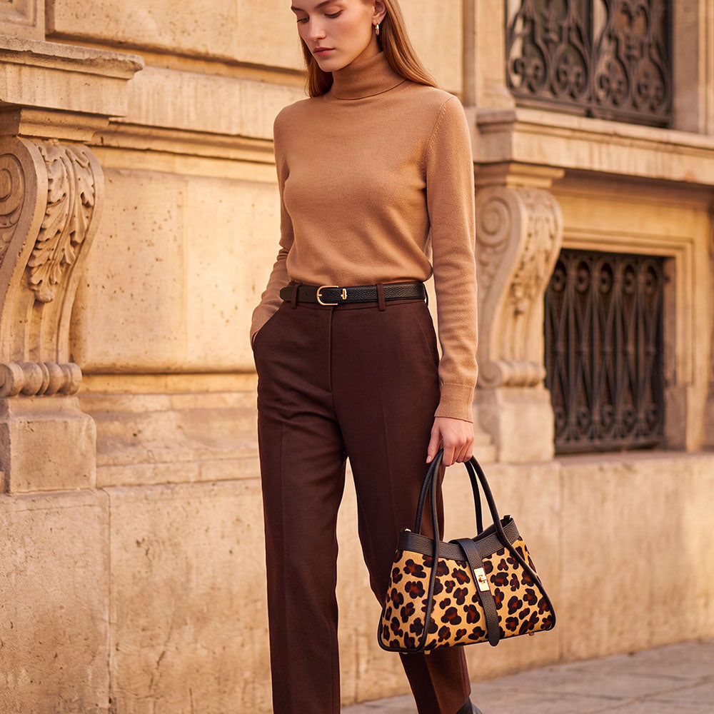 Handtasche ViaVerdi aus Kalbsleder und Leoparden-Ponyfell Made in Italy – Linie Cortona