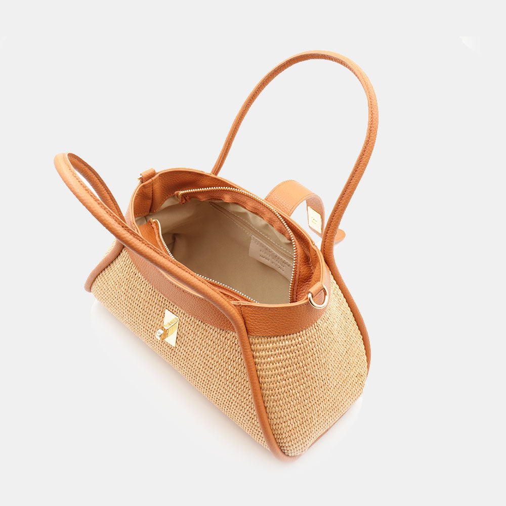 VIAVERDI Damen-Handtasche aus Bast und Leder in Cognac Made in Italy Linie Cortona