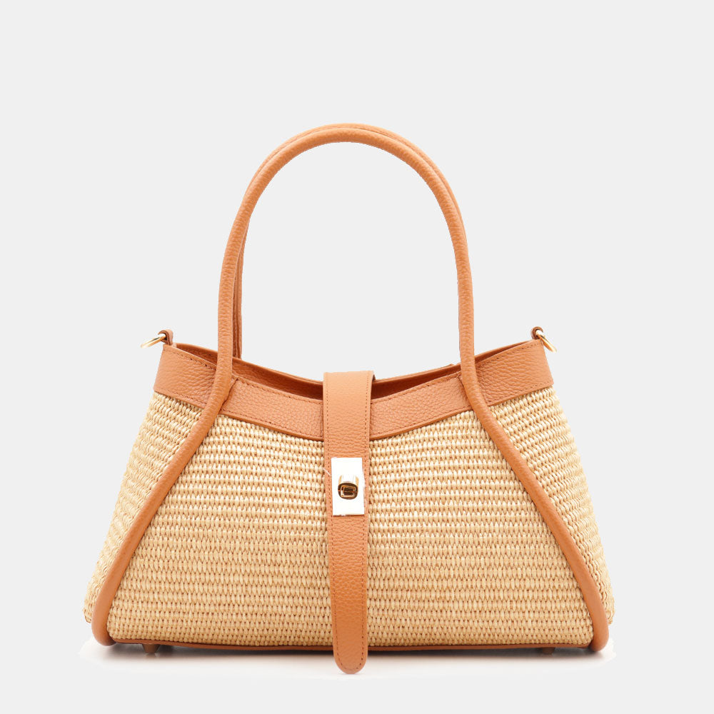 Borsa Donna a Mano VIAVERDI in Rafia e Pelle color Cuoio Made in Italy linea Cortona