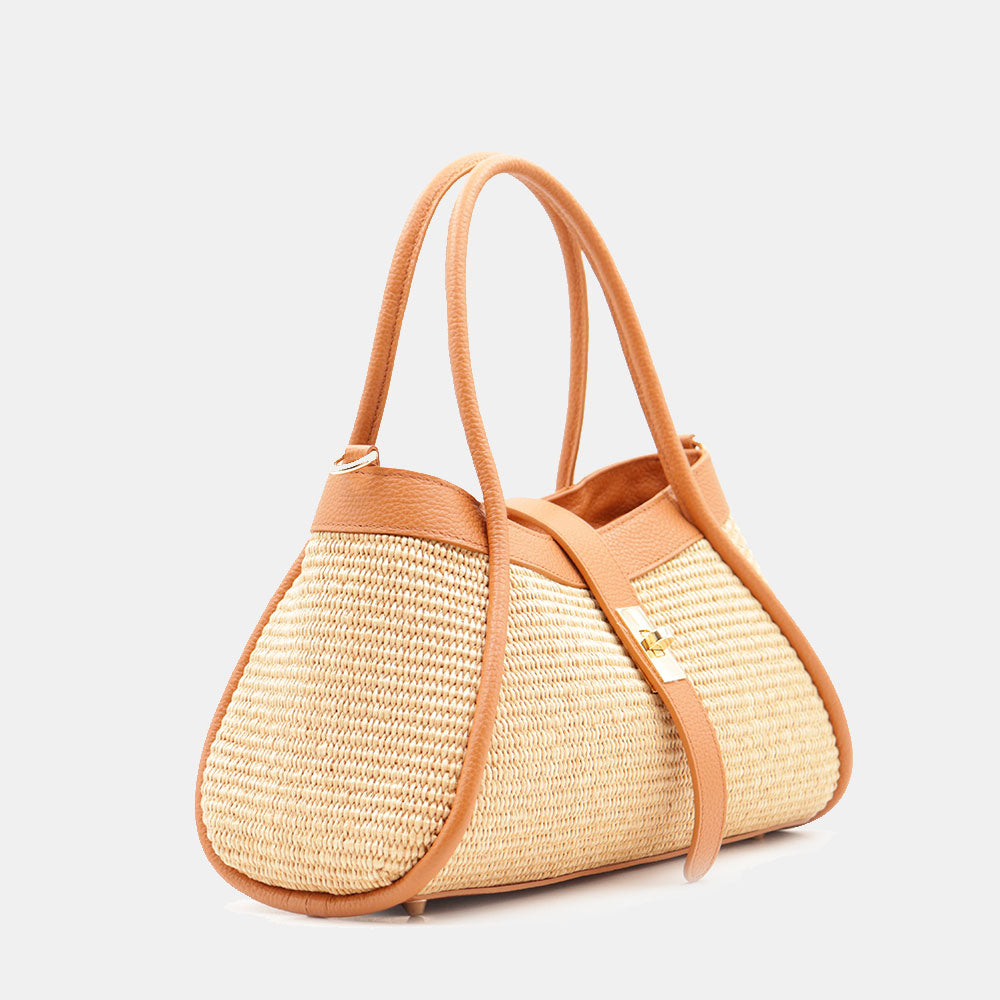 VIAVERDI Damen-Handtasche aus Bast und Leder in Cognac Made in Italy Linie Cortona
