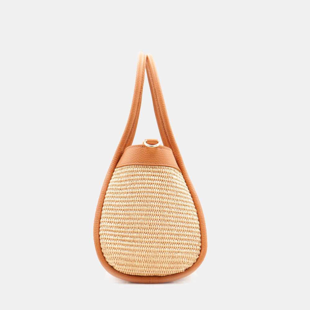 VIAVERDI Damen-Handtasche aus Bast und Leder in Cognac Made in Italy Linie Cortona