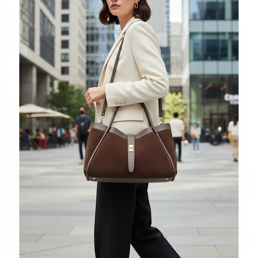 Borsa Donna a Spalla VIAVERDI in Camoscio e Pelle Testa di Moro Made in Italy linea Cortona