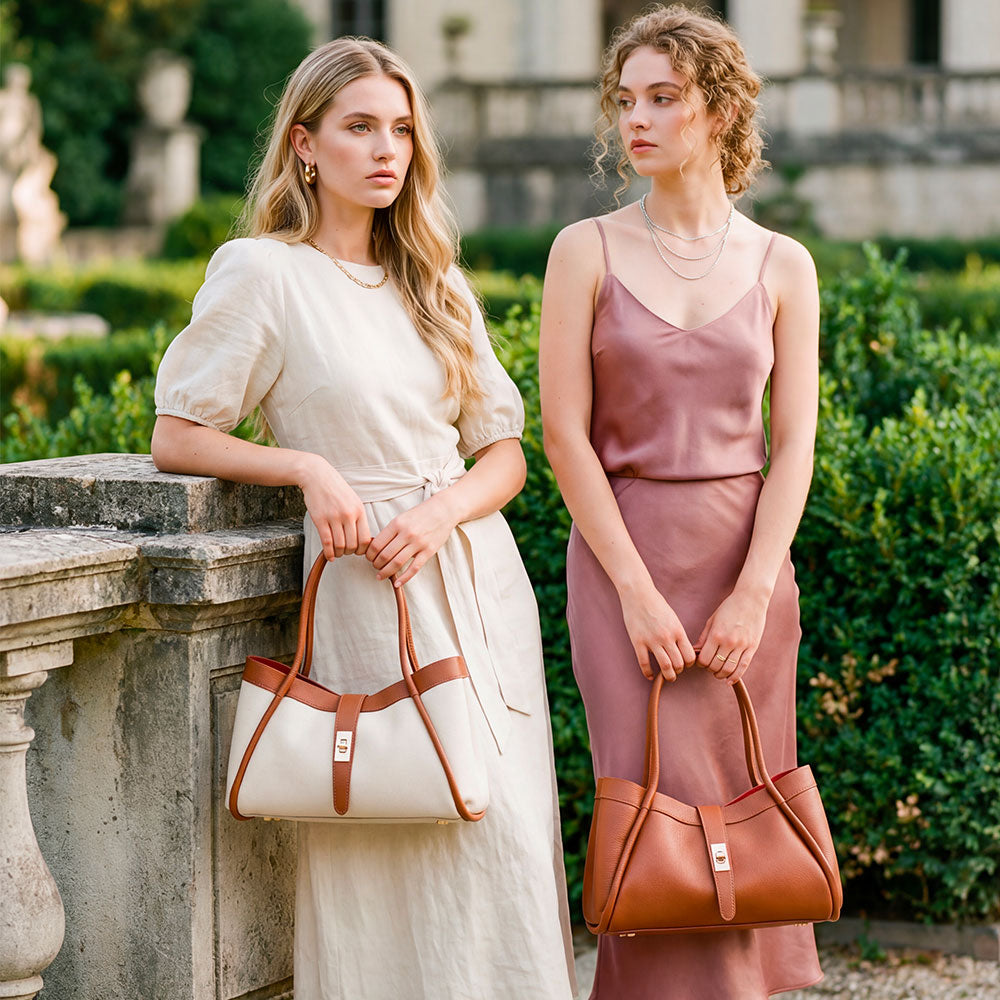 Borsa Donna a Mano VIAVERDI in Pelle Beige e Cuoio Made in Italy linea Cortona