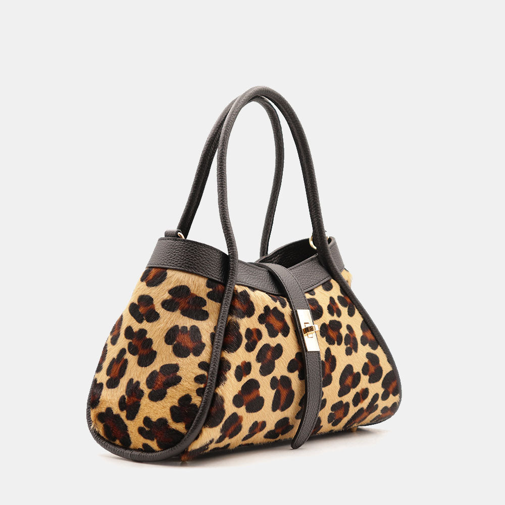 Handtasche ViaVerdi aus Kalbsleder und Leoparden-Ponyfell Made in Italy – Linie Cortona