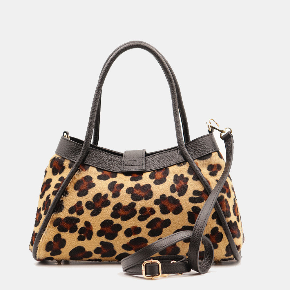 Handtasche ViaVerdi aus Kalbsleder und Leoparden-Ponyfell Made in Italy – Linie Cortona