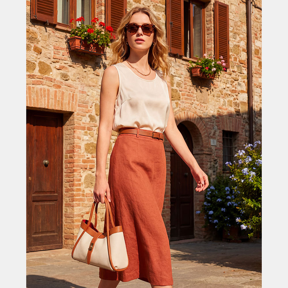 Damen-Handtasche VIAVERDI aus beigem und lederbraunem Leder Made in Italy Linie Cortona