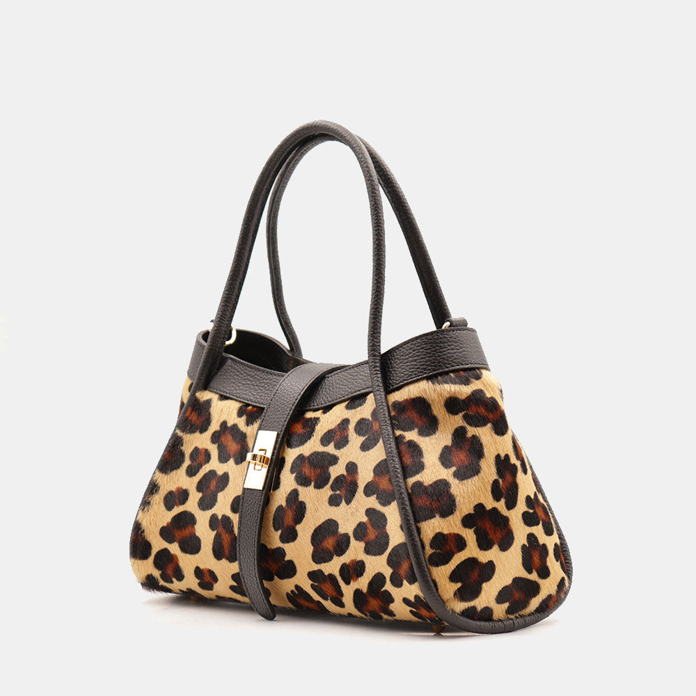 Handtasche ViaVerdi aus Kalbsleder und Leoparden-Ponyfell Made in Italy – Linie Cortona