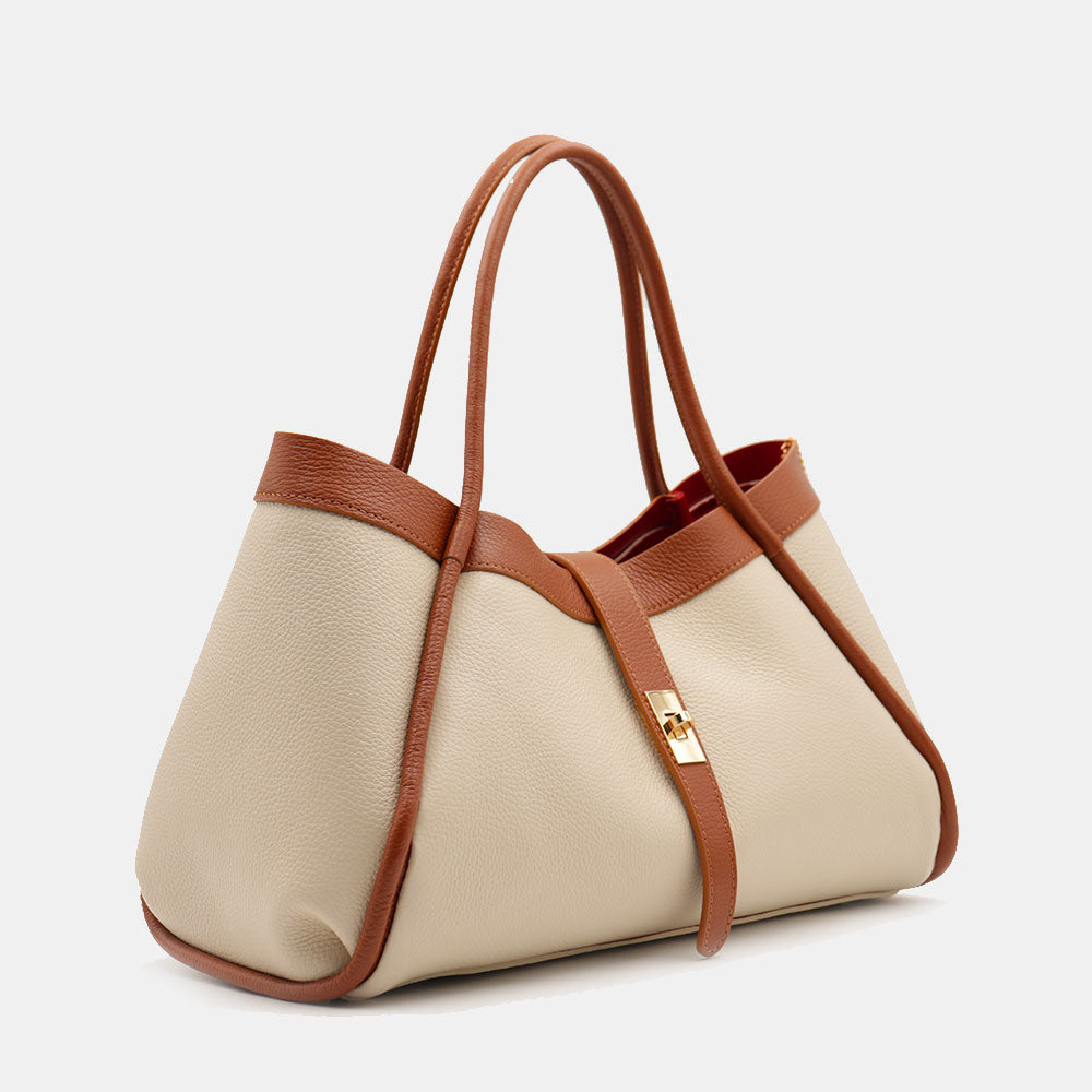 Damen-Schultertasche VIAVERDI aus beigem und lederbraunem Leder Made in Italy Linie Cortona