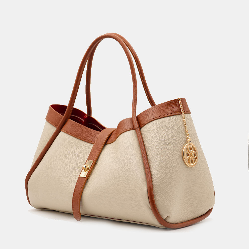 Damen-Schultertasche VIAVERDI aus beigem und lederbraunem Leder Made in Italy Linie Cortona