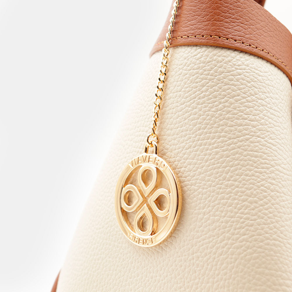 Damen-Schultertasche VIAVERDI aus beigem und lederbraunem Leder Made in Italy Linie Cortona