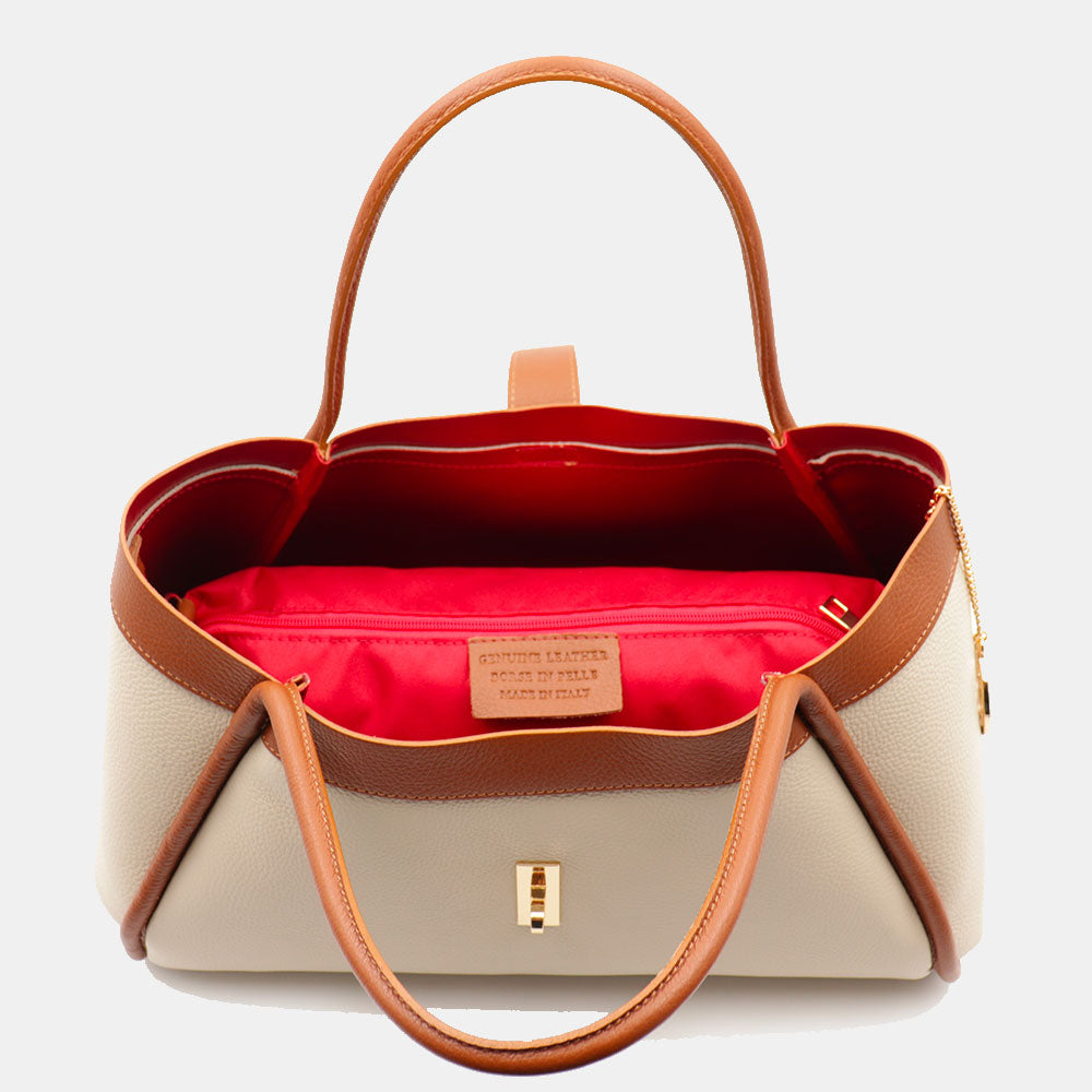 Damen-Schultertasche VIAVERDI aus beigem und lederbraunem Leder Made in Italy Linie Cortona