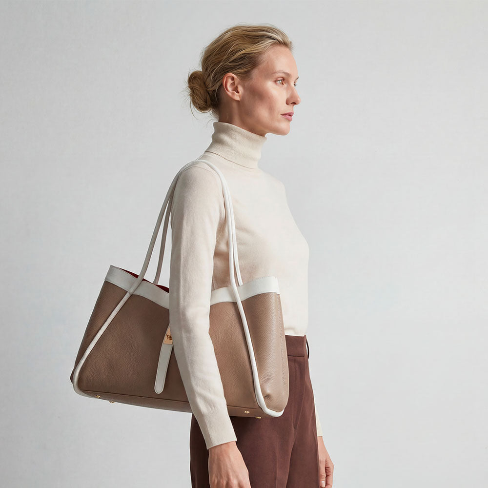 Borsa Donna a Spalla VIAVERDI in Pelle Taupe e Bianca Made in Italy linea Cortona